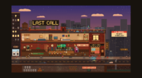 Last Call: a pixel-art cutaway of a corner bar with a rooftop party at dusk